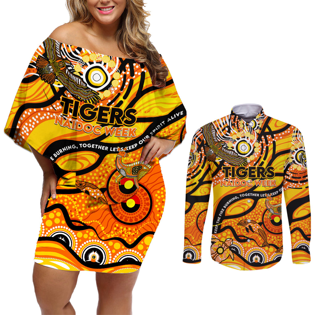 Custom NAIDOC Week 2024 Tiger Couples Matching Off Shoulder Short Dress and Long Sleeve Button Shirt Aboriginal Animals Keep The Fire Burning