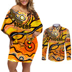 Custom NAIDOC Week 2024 Tiger Couples Matching Off Shoulder Short Dress and Long Sleeve Button Shirt Aboriginal Animals Keep The Fire Burning