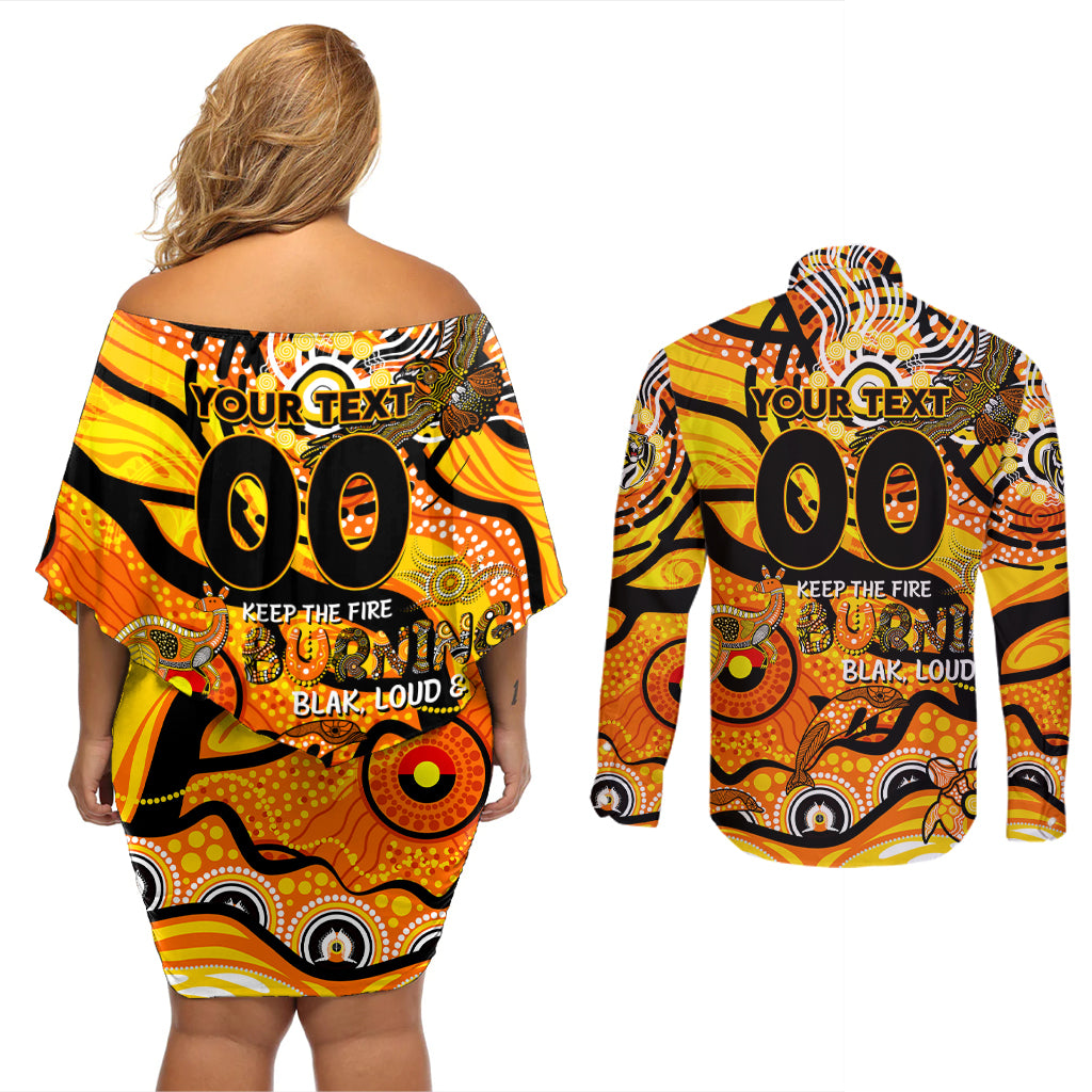 Custom NAIDOC Week 2024 Tiger Couples Matching Off Shoulder Short Dress and Long Sleeve Button Shirt Aboriginal Animals Keep The Fire Burning