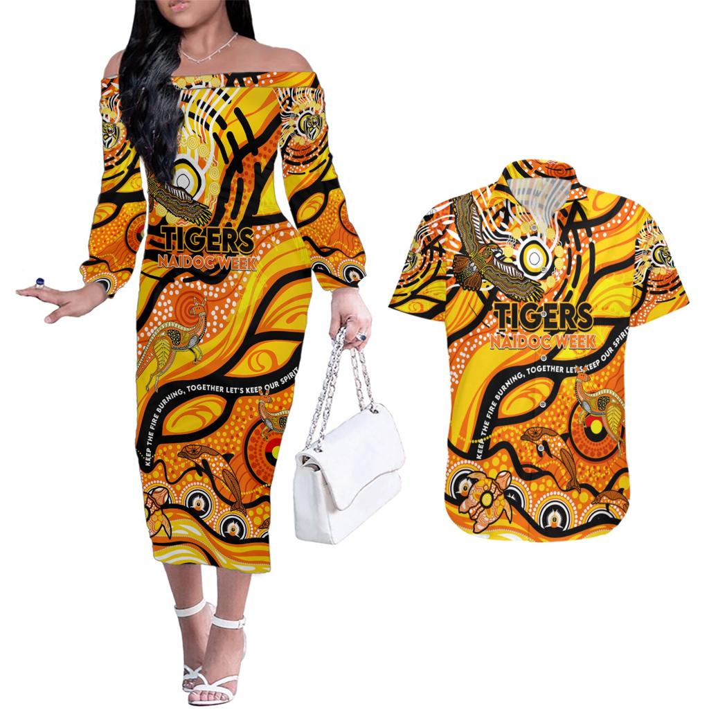 Custom NAIDOC Week 2024 Tiger Couples Matching Off The Shoulder Long Sleeve Dress and Hawaiian Shirt Aboriginal Animals Keep The Fire Burning