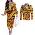 Custom NAIDOC Week 2024 Tiger Couples Matching Off The Shoulder Long Sleeve Dress and Long Sleeve Button Shirt Aboriginal Animals Keep The Fire Burning