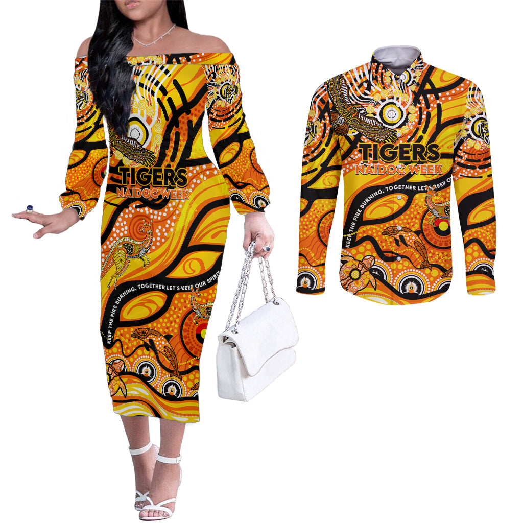 Custom NAIDOC Week 2024 Tiger Couples Matching Off The Shoulder Long Sleeve Dress and Long Sleeve Button Shirt Aboriginal Animals Keep The Fire Burning