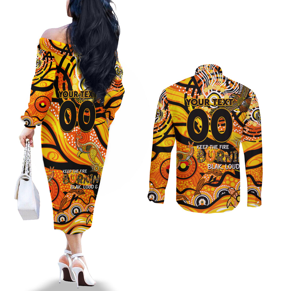Custom NAIDOC Week 2024 Tiger Couples Matching Off The Shoulder Long Sleeve Dress and Long Sleeve Button Shirt Aboriginal Animals Keep The Fire Burning