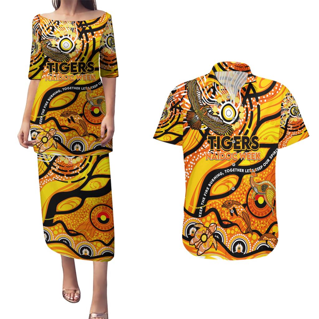 Custom NAIDOC Week 2024 Tiger Couples Matching Puletasi and Hawaiian Shirt Aboriginal Animals Keep The Fire Burning
