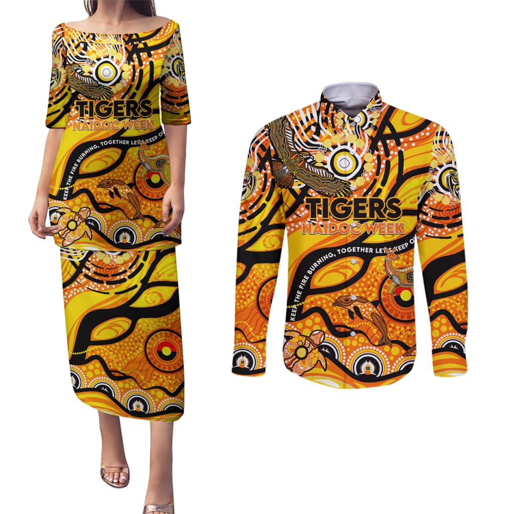 Custom NAIDOC Week 2024 Tiger Couples Matching Puletasi and Long Sleeve Button Shirt Aboriginal Animals Keep The Fire Burning