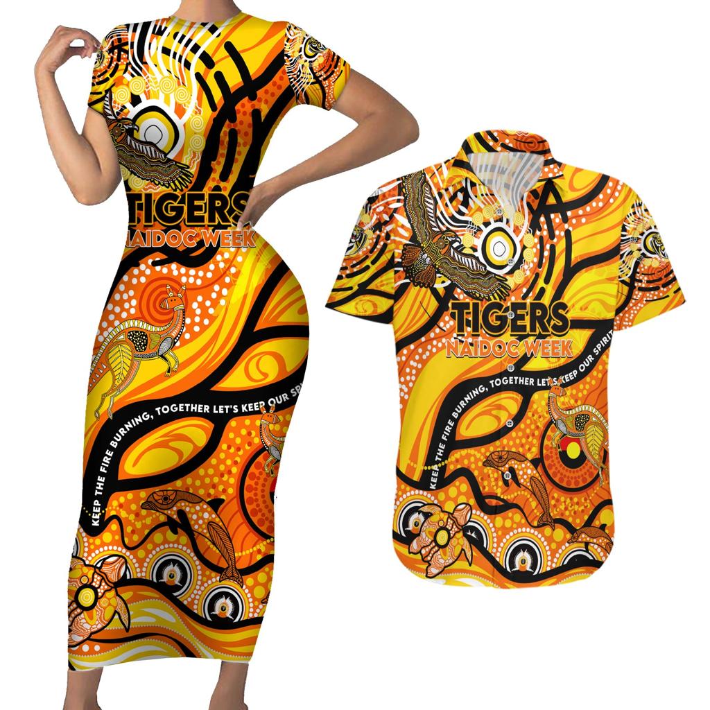 Custom NAIDOC Week 2024 Tiger Couples Matching Short Sleeve Bodycon Dress and Hawaiian Shirt Aboriginal Animals Keep The Fire Burning