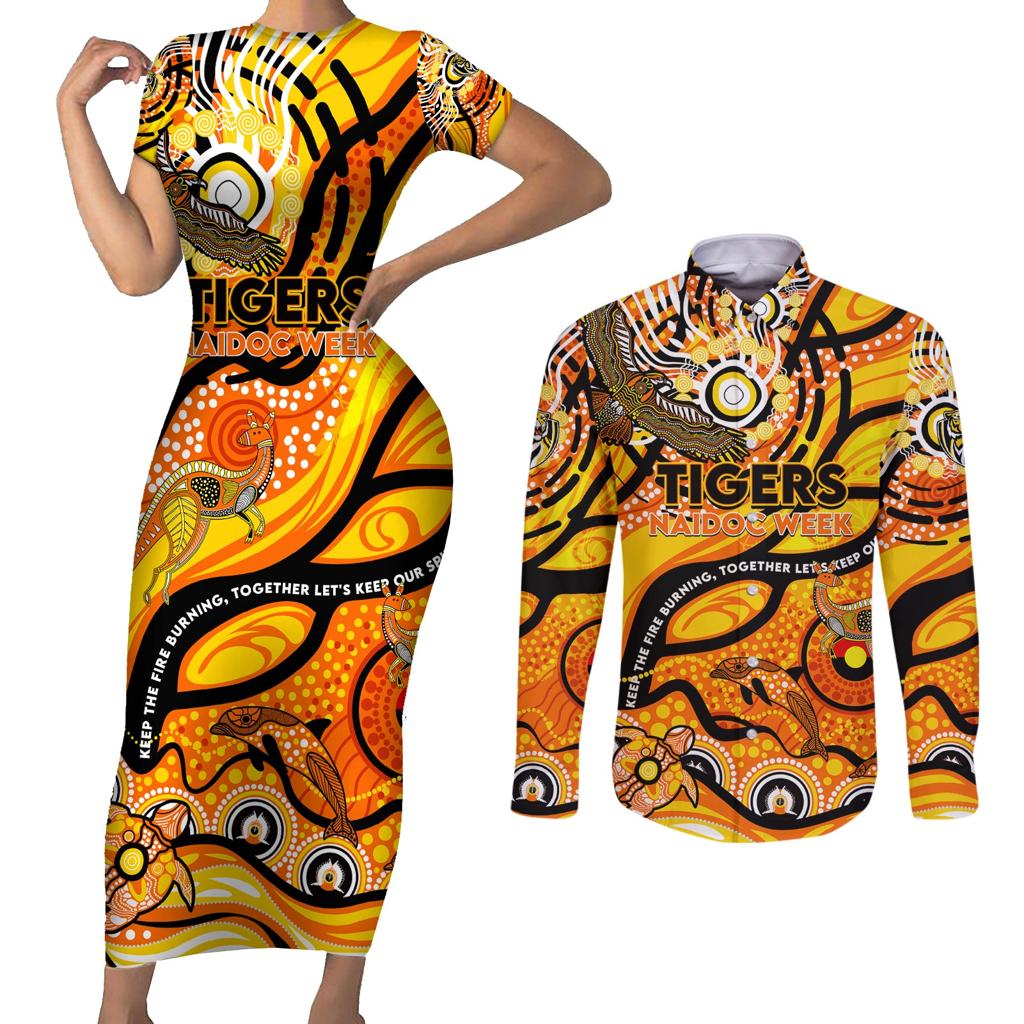 Custom NAIDOC Week 2024 Tiger Couples Matching Short Sleeve Bodycon Dress and Long Sleeve Button Shirt Aboriginal Animals Keep The Fire Burning