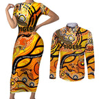 Custom NAIDOC Week 2024 Tiger Couples Matching Short Sleeve Bodycon Dress and Long Sleeve Button Shirt Aboriginal Animals Keep The Fire Burning