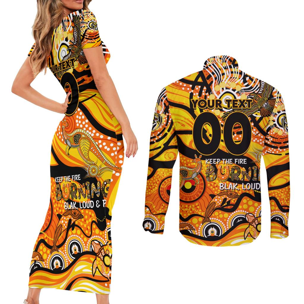 Custom NAIDOC Week 2024 Tiger Couples Matching Short Sleeve Bodycon Dress and Long Sleeve Button Shirt Aboriginal Animals Keep The Fire Burning