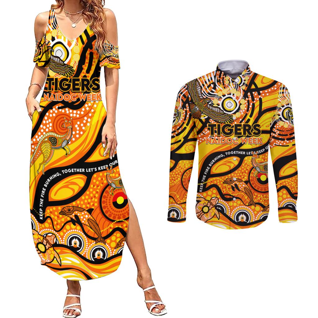 Custom NAIDOC Week 2024 Tiger Couples Matching Summer Maxi Dress and Long Sleeve Button Shirt Aboriginal Animals Keep The Fire Burning