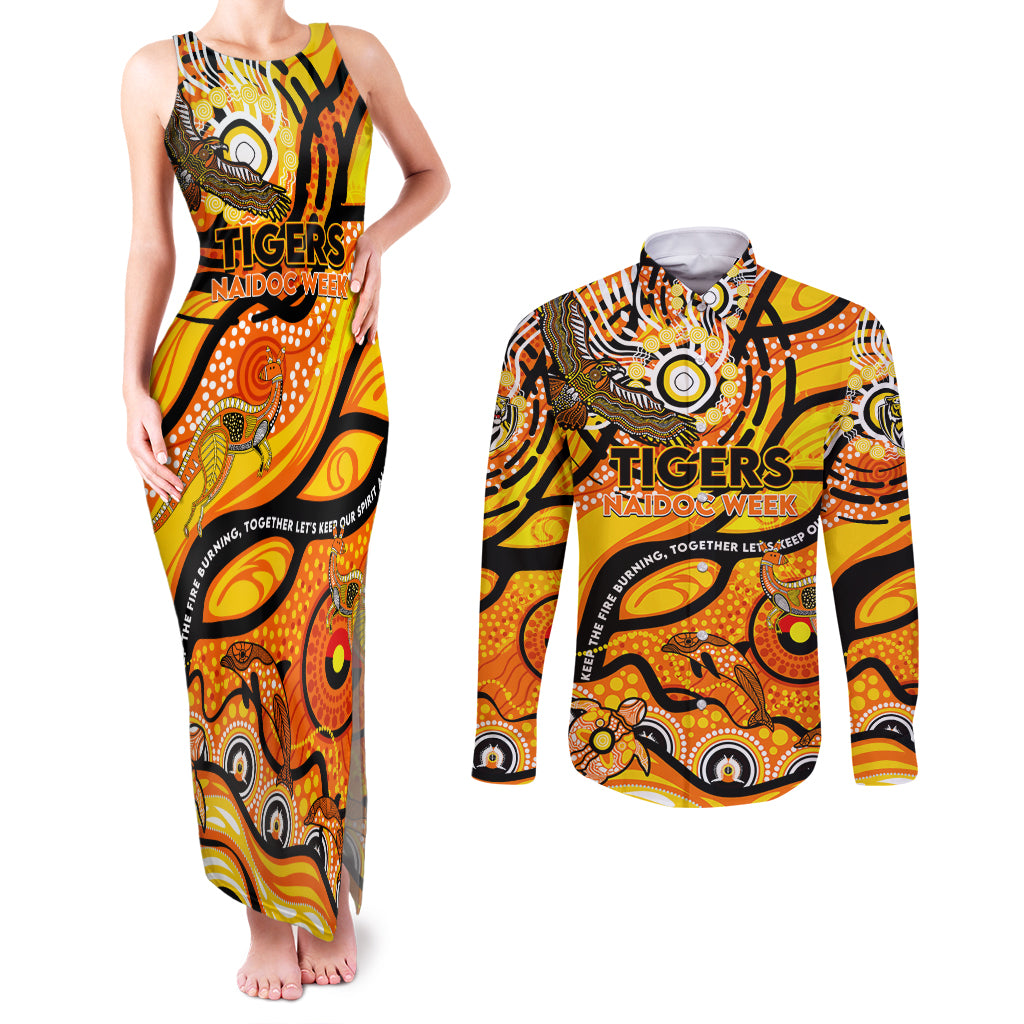 Custom NAIDOC Week 2024 Tiger Couples Matching Tank Maxi Dress and Long Sleeve Button Shirt Aboriginal Animals Keep The Fire Burning
