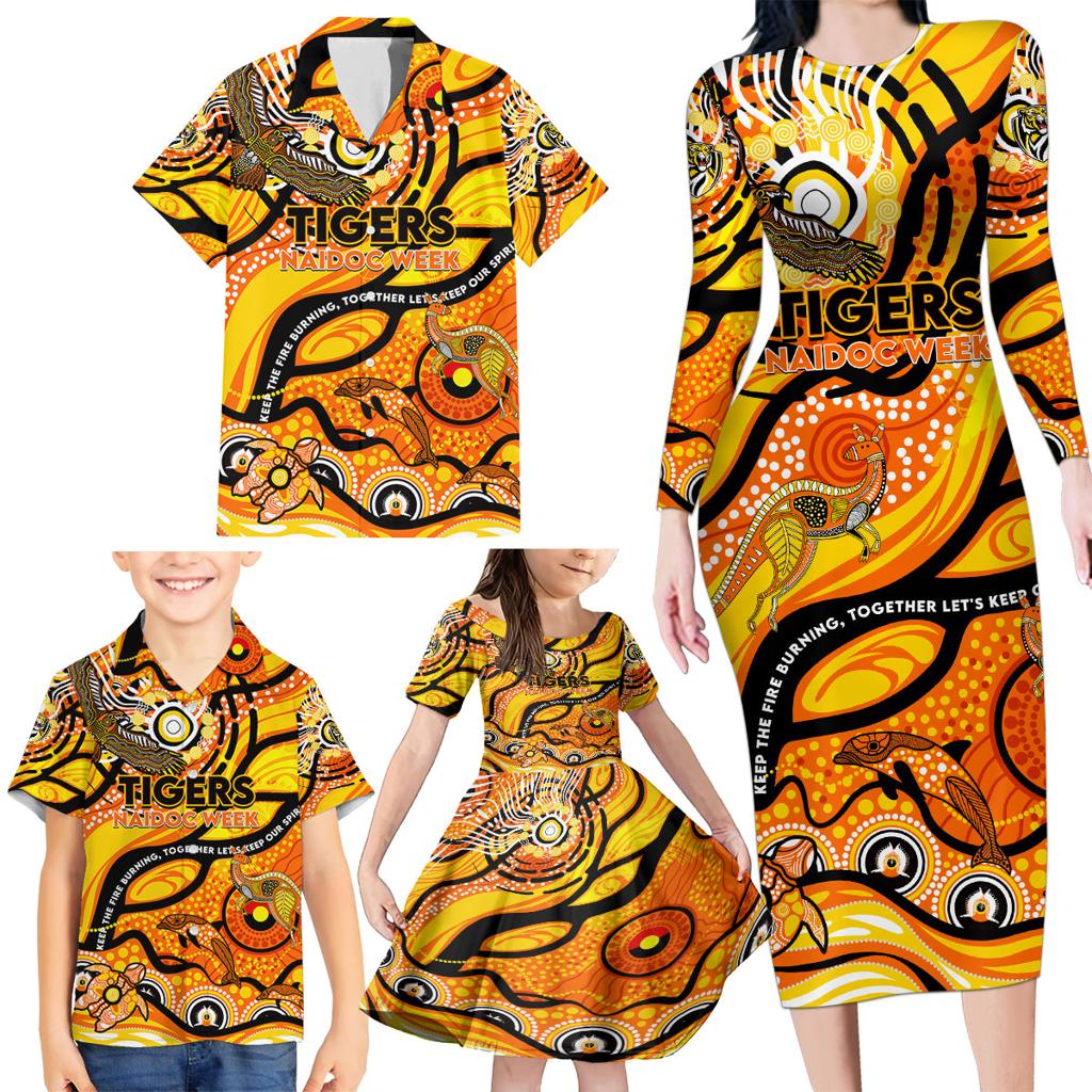 Custom NAIDOC Week 2024 Tiger Family Matching Long Sleeve Bodycon Dress and Hawaiian Shirt Aboriginal Animals Keep The Fire Burning