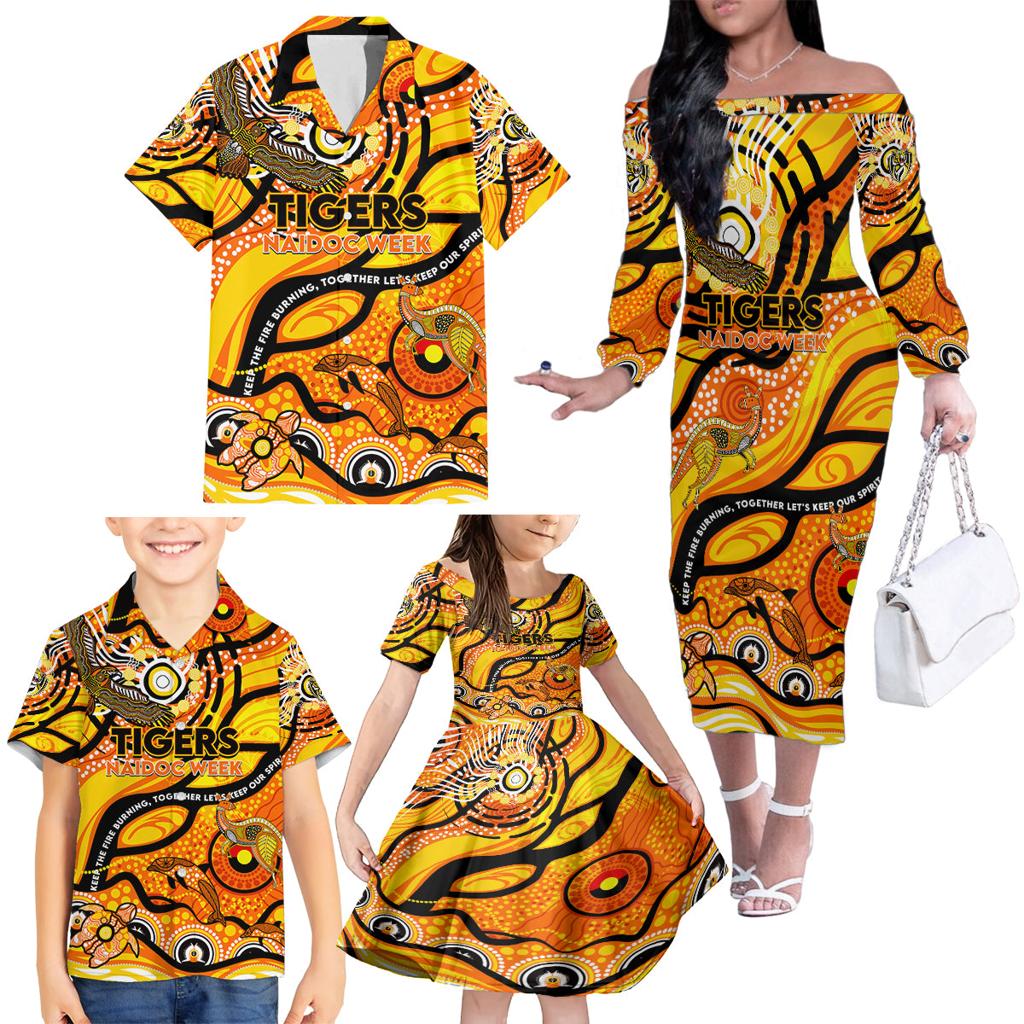 Custom NAIDOC Week 2024 Tiger Family Matching Off The Shoulder Long Sleeve Dress and Hawaiian Shirt Aboriginal Animals Keep The Fire Burning