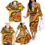 Custom NAIDOC Week 2024 Tiger Family Matching Off The Shoulder Long Sleeve Dress and Hawaiian Shirt Aboriginal Animals Keep The Fire Burning