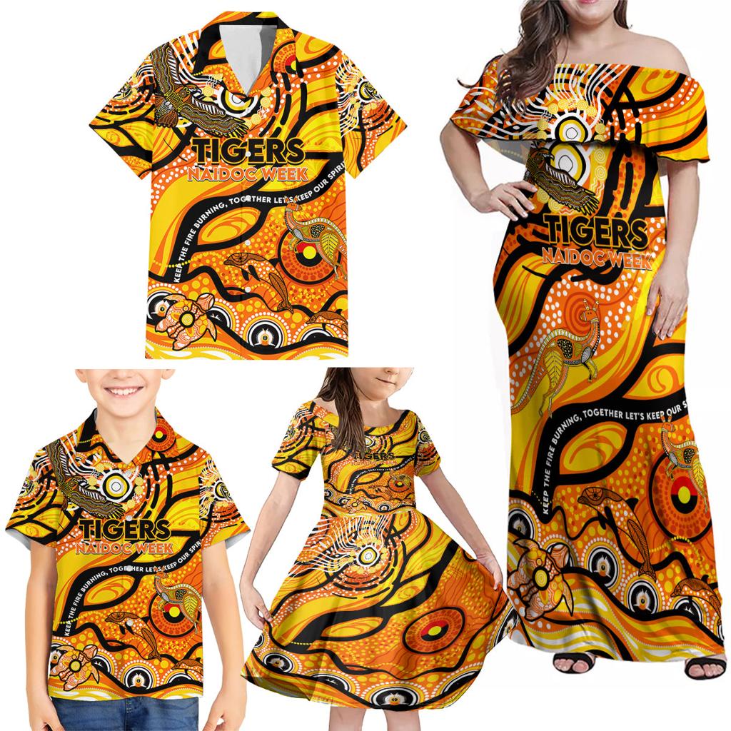 Custom NAIDOC Week 2024 Tiger Family Matching Off Shoulder Maxi Dress and Hawaiian Shirt Aboriginal Animals Keep The Fire Burning