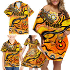 Custom NAIDOC Week 2024 Tiger Family Matching Off Shoulder Short Dress and Hawaiian Shirt Aboriginal Animals Keep The Fire Burning