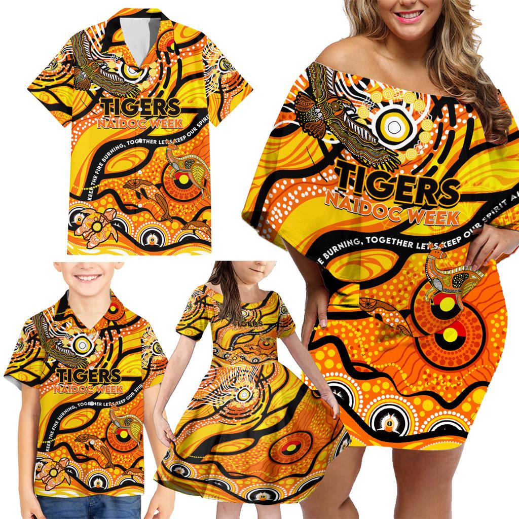 Custom NAIDOC Week 2024 Tiger Family Matching Off Shoulder Short Dress and Hawaiian Shirt Aboriginal Animals Keep The Fire Burning