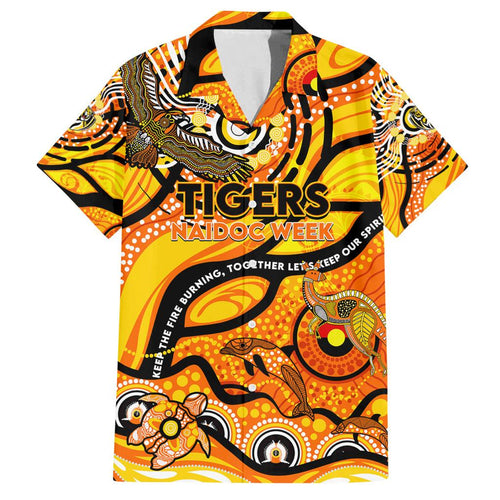 Custom NAIDOC Week 2024 Tiger Family Matching Off Shoulder Short Dress and Hawaiian Shirt Aboriginal Animals Keep The Fire Burning
