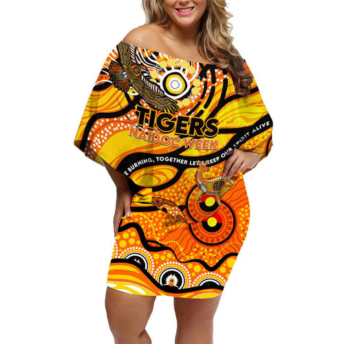 Custom NAIDOC Week 2024 Tiger Family Matching Off Shoulder Short Dress and Hawaiian Shirt Aboriginal Animals Keep The Fire Burning