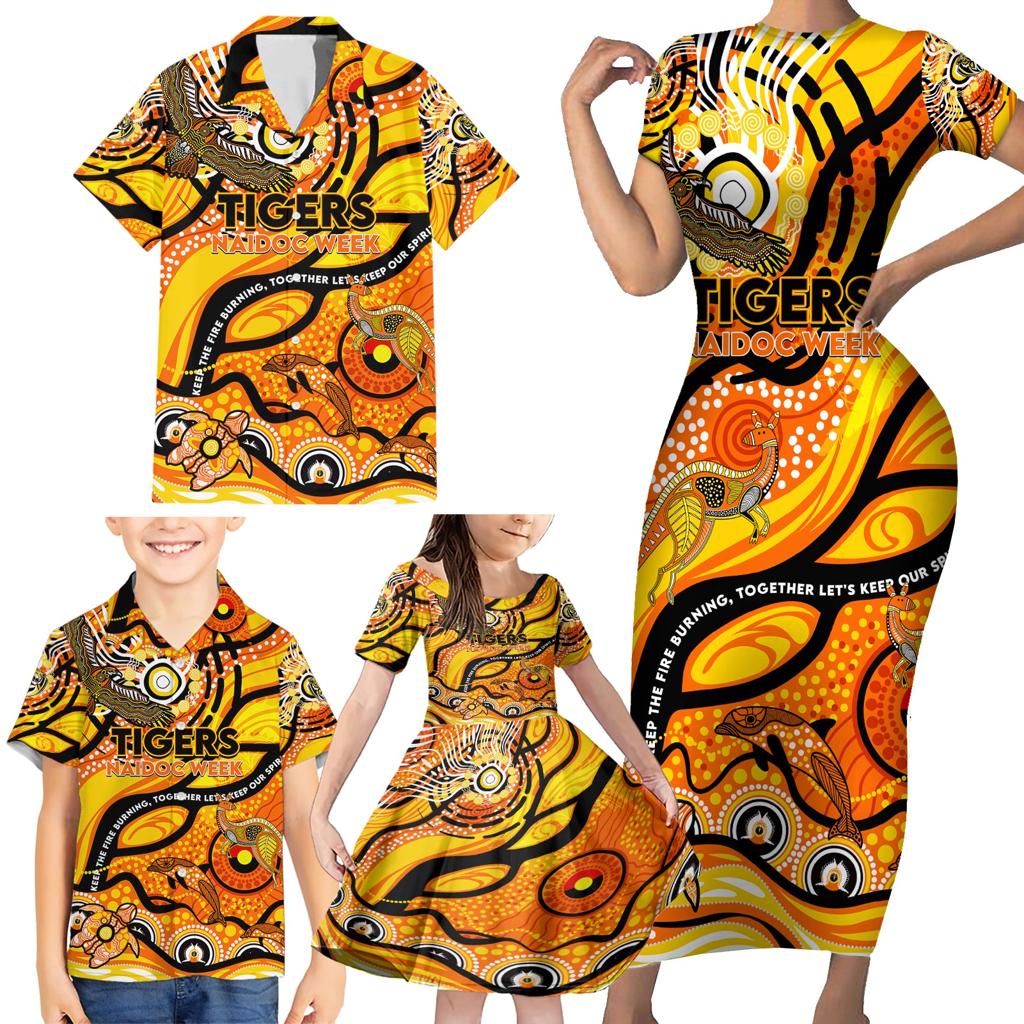 Custom NAIDOC Week 2024 Tiger Family Matching Short Sleeve Bodycon Dress and Hawaiian Shirt Aboriginal Animals Keep The Fire Burning