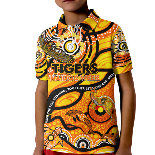 Custom NAIDOC Week 2024 Tiger Kid Polo Shirt Aboriginal Animals Keep The Fire Burning