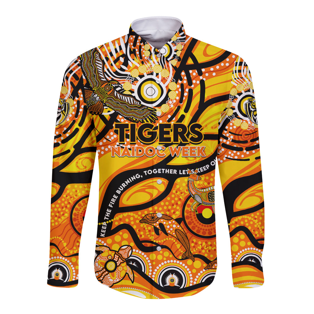 Custom NAIDOC Week 2024 Tiger Long Sleeve Button Shirt Aboriginal Animals Keep The Fire Burning