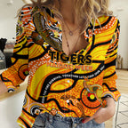 Custom NAIDOC Week 2024 Tiger Women Casual Shirt Aboriginal Animals Keep The Fire Burning