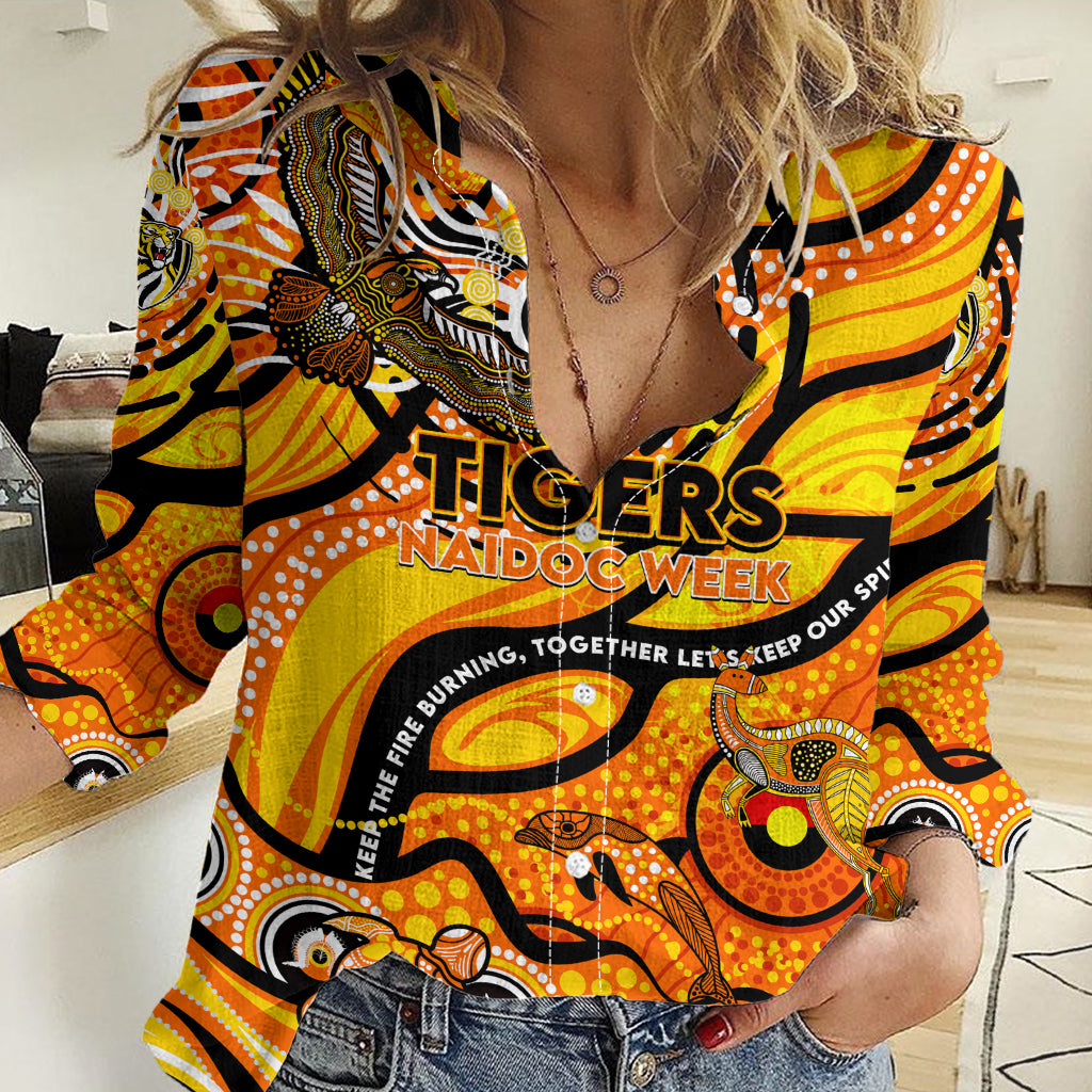Custom NAIDOC Week 2024 Tiger Women Casual Shirt Aboriginal Animals Keep The Fire Burning