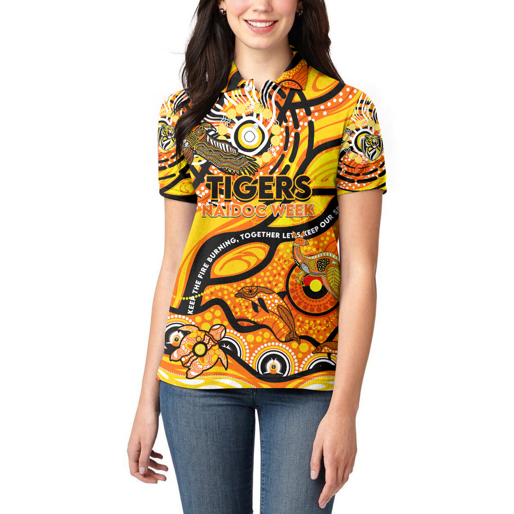 Custom NAIDOC Week 2024 Tiger Women Polo Shirt Aboriginal Animals Keep The Fire Burning