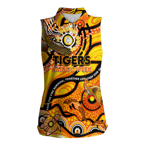 Custom NAIDOC Week 2024 Tiger Women Sleeveless Polo Shirt Aboriginal Animals Keep The Fire Burning