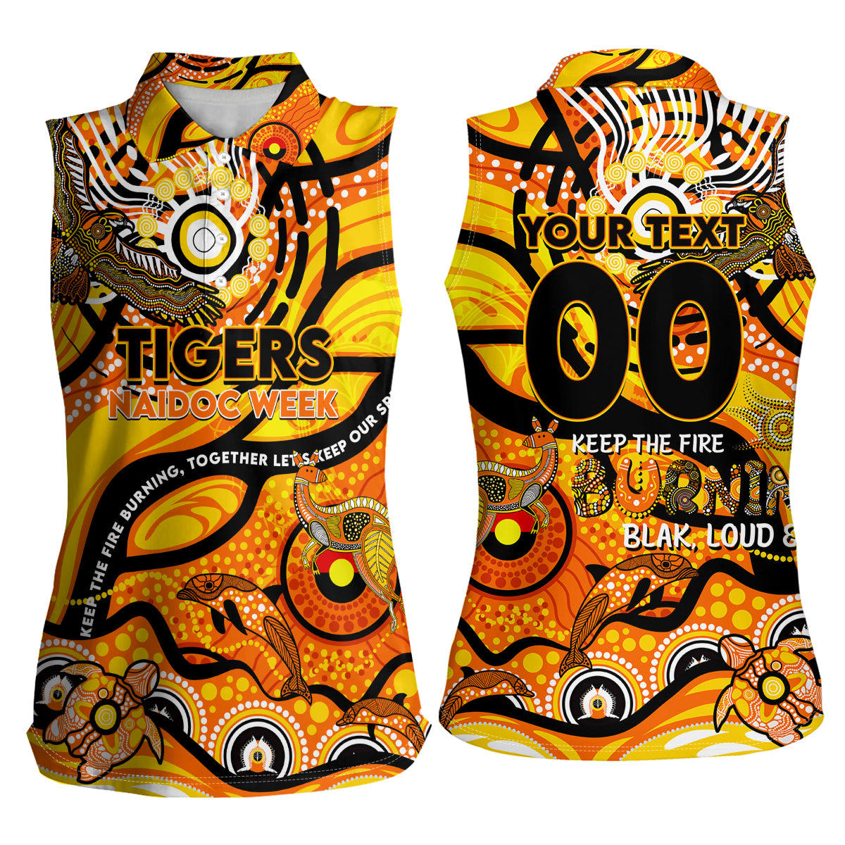 Custom NAIDOC Week 2024 Tiger Women Sleeveless Polo Shirt Aboriginal Animals Keep The Fire Burning