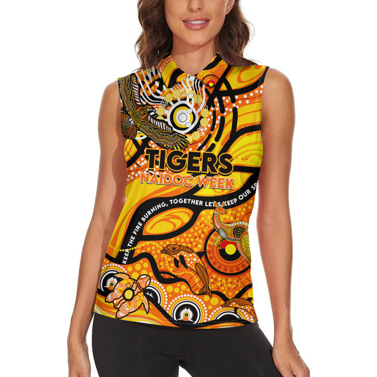 Custom NAIDOC Week 2024 Tiger Women Sleeveless Polo Shirt Aboriginal Animals Keep The Fire Burning