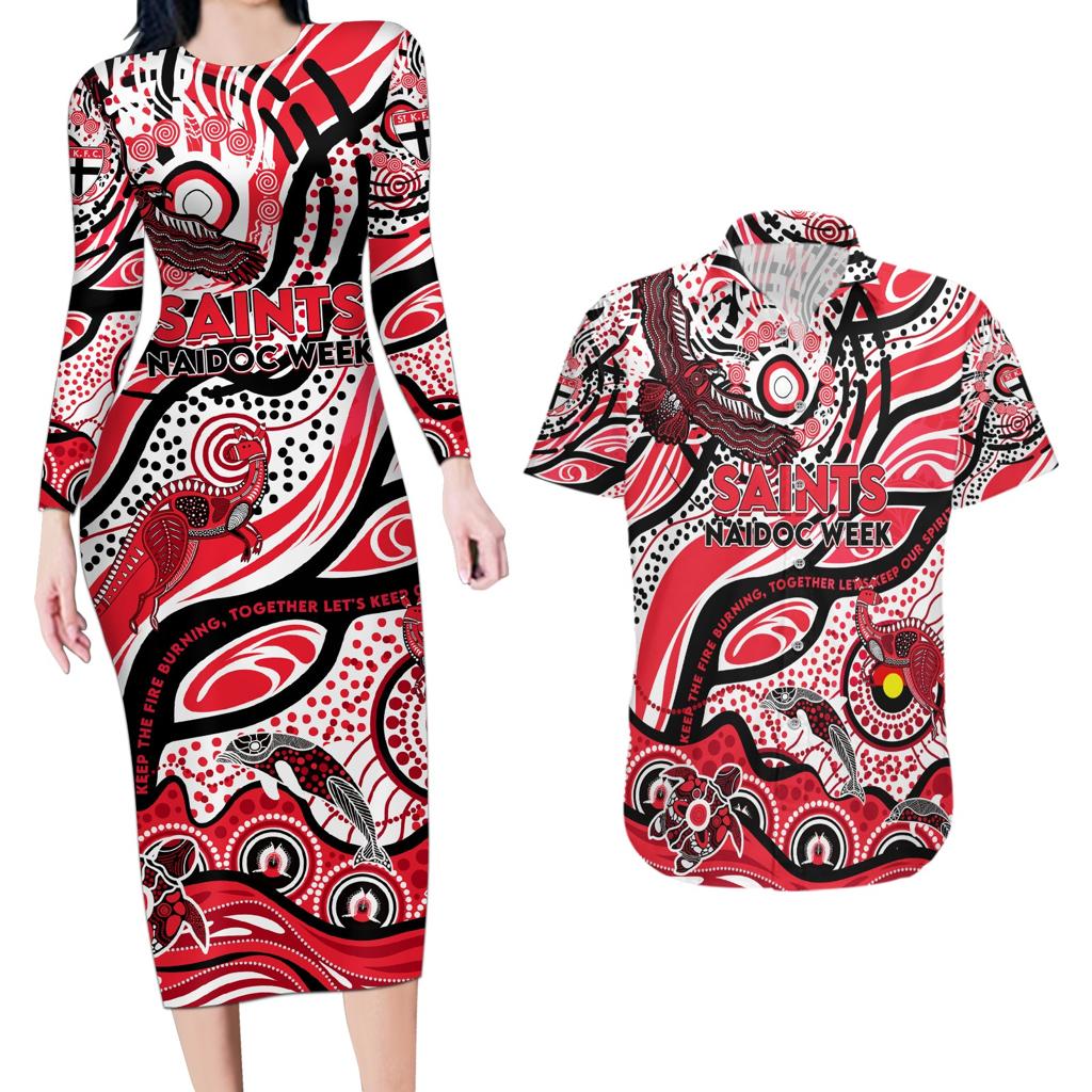 Custom NAIDOC Week 2024 Saints Couples Matching Long Sleeve Bodycon Dress and Hawaiian Shirt Aboriginal Animals Keep The Fire Burning
