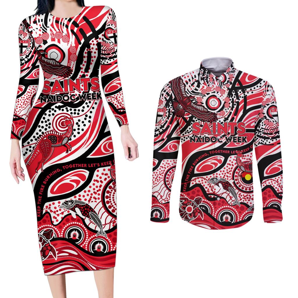 Custom NAIDOC Week 2024 Saints Couples Matching Long Sleeve Bodycon Dress and Long Sleeve Button Shirt Aboriginal Animals Keep The Fire Burning