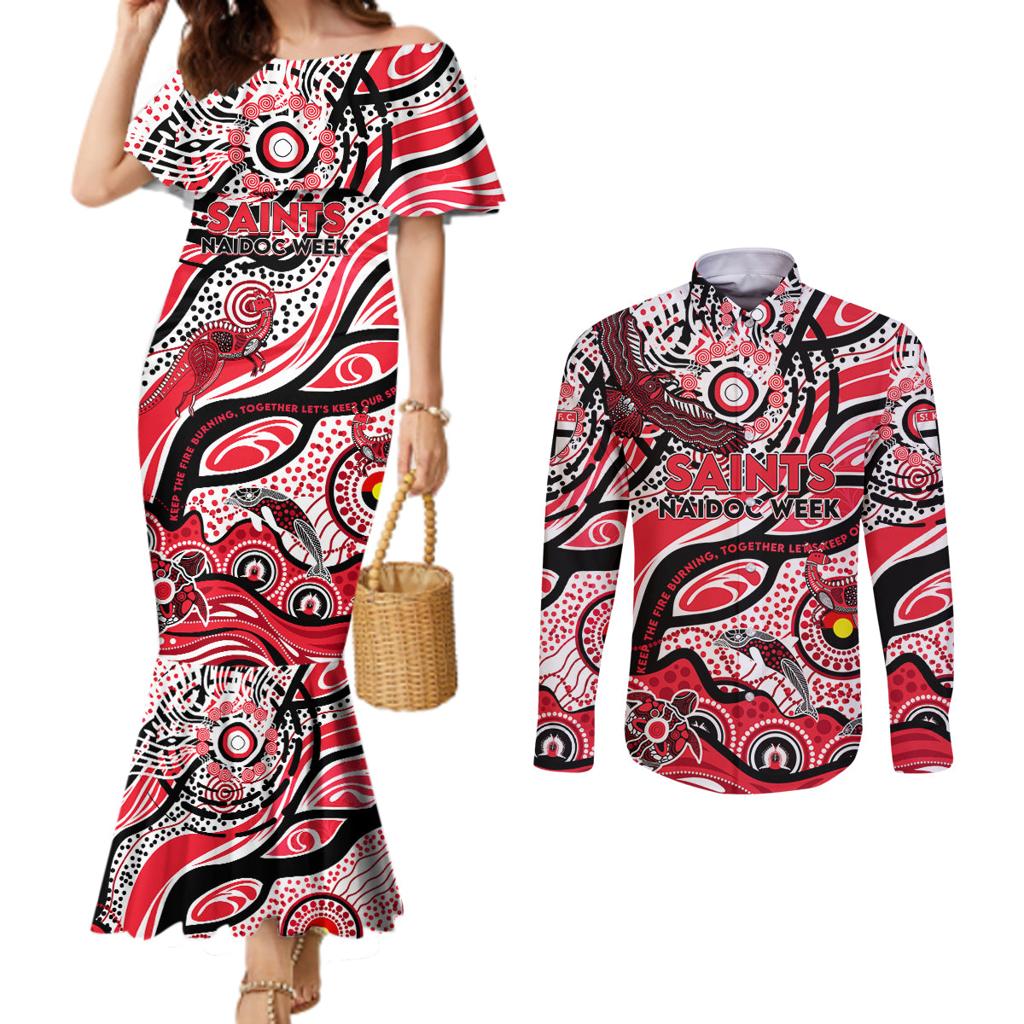 Custom NAIDOC Week 2024 Saints Couples Matching Mermaid Dress and Long Sleeve Button Shirt Aboriginal Animals Keep The Fire Burning