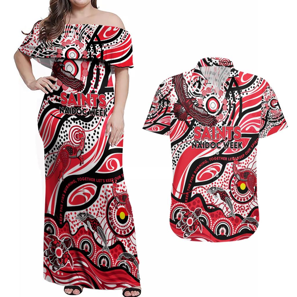Custom NAIDOC Week 2024 Saints Couples Matching Off Shoulder Maxi Dress and Hawaiian Shirt Aboriginal Animals Keep The Fire Burning