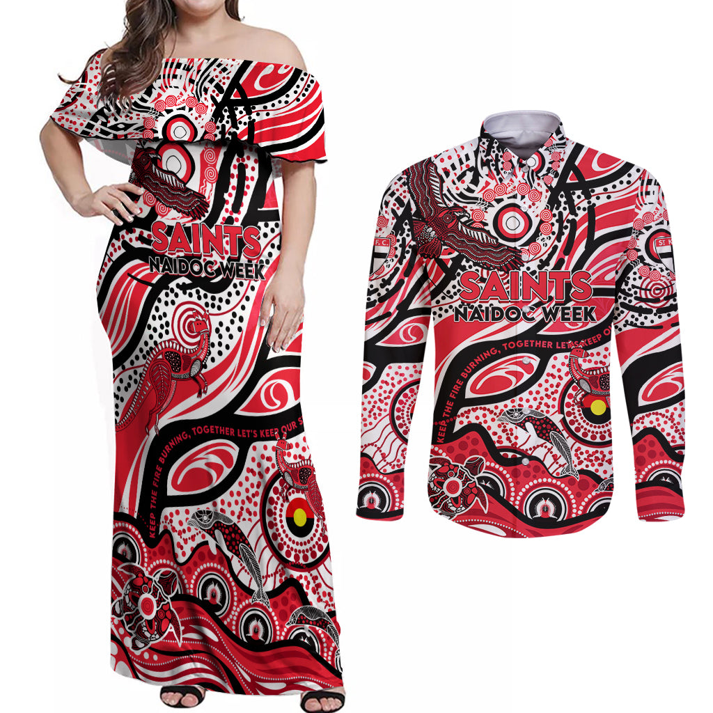 Custom NAIDOC Week 2024 Saints Couples Matching Off Shoulder Maxi Dress and Long Sleeve Button Shirt Aboriginal Animals Keep The Fire Burning