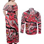 Custom NAIDOC Week 2024 Saints Couples Matching Off Shoulder Maxi Dress and Long Sleeve Button Shirt Aboriginal Animals Keep The Fire Burning