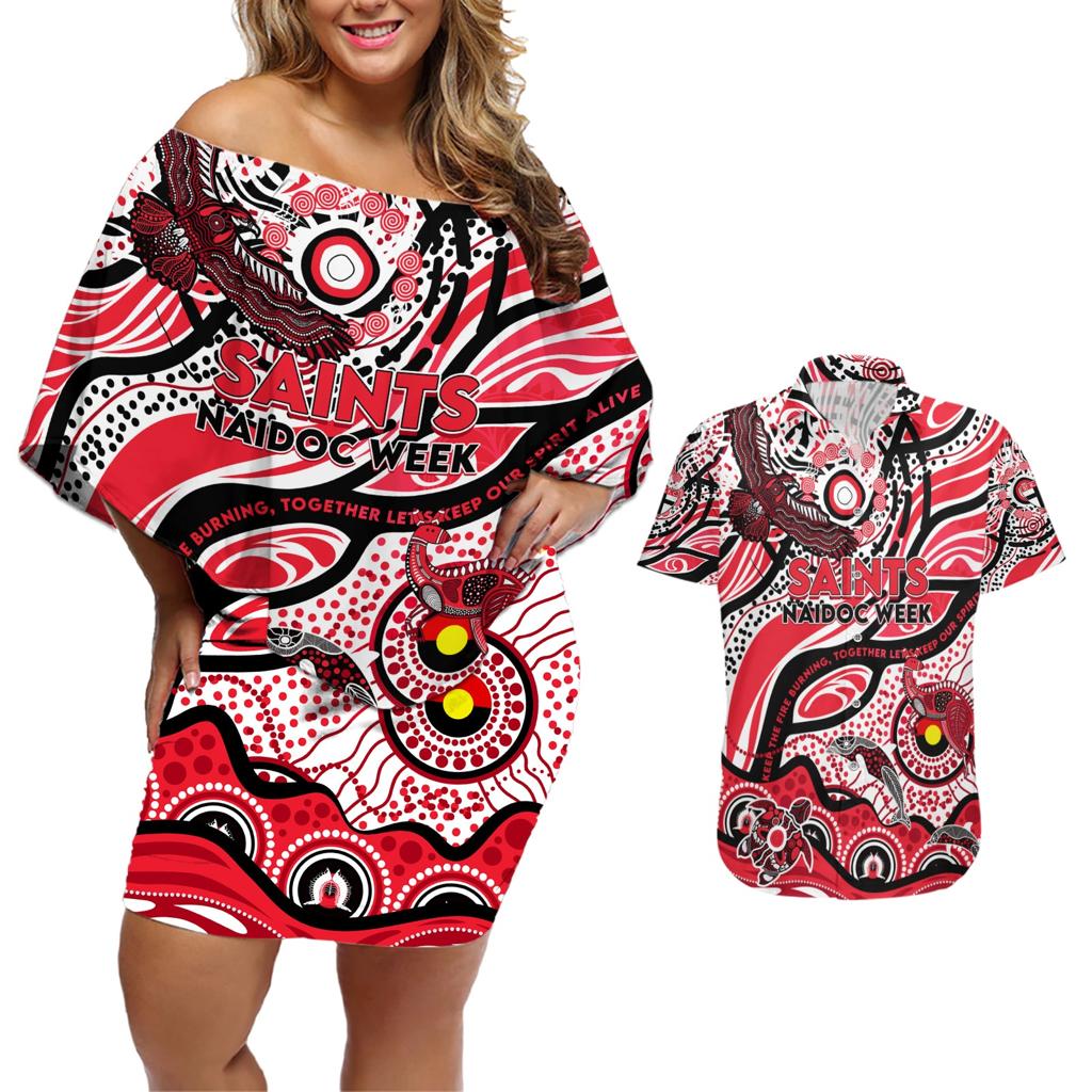Custom NAIDOC Week 2024 Saints Couples Matching Off Shoulder Short Dress and Hawaiian Shirt Aboriginal Animals Keep The Fire Burning