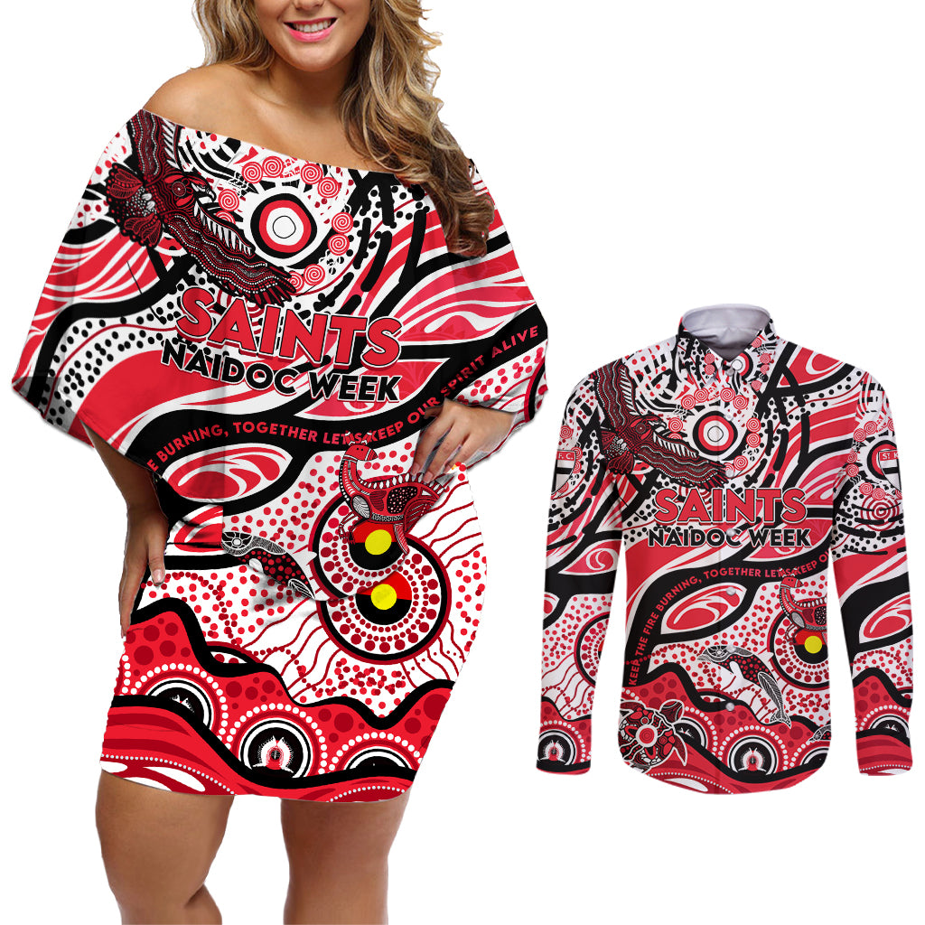 Custom NAIDOC Week 2024 Saints Couples Matching Off Shoulder Short Dress and Long Sleeve Button Shirt Aboriginal Animals Keep The Fire Burning