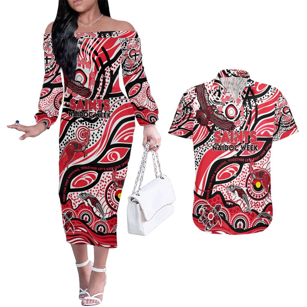 Custom NAIDOC Week 2024 Saints Couples Matching Off The Shoulder Long Sleeve Dress and Hawaiian Shirt Aboriginal Animals Keep The Fire Burning