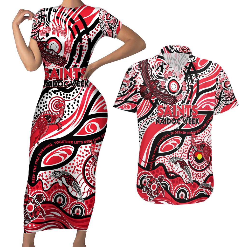Custom NAIDOC Week 2024 Saints Couples Matching Short Sleeve Bodycon Dress and Hawaiian Shirt Aboriginal Animals Keep The Fire Burning