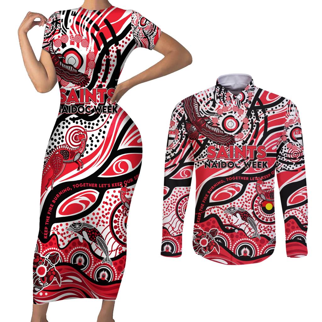 Custom NAIDOC Week 2024 Saints Couples Matching Short Sleeve Bodycon Dress and Long Sleeve Button Shirt Aboriginal Animals Keep The Fire Burning