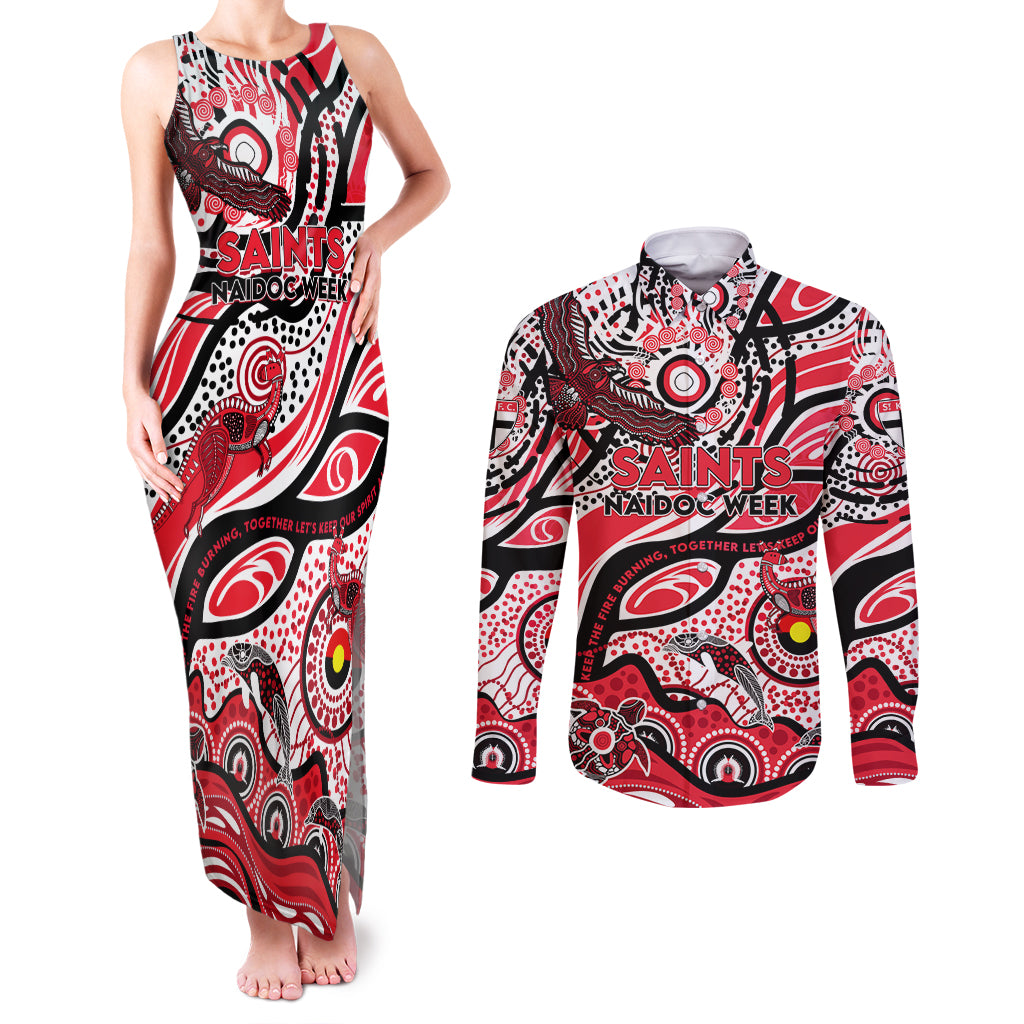 Custom NAIDOC Week 2024 Saints Couples Matching Tank Maxi Dress and Long Sleeve Button Shirt Aboriginal Animals Keep The Fire Burning