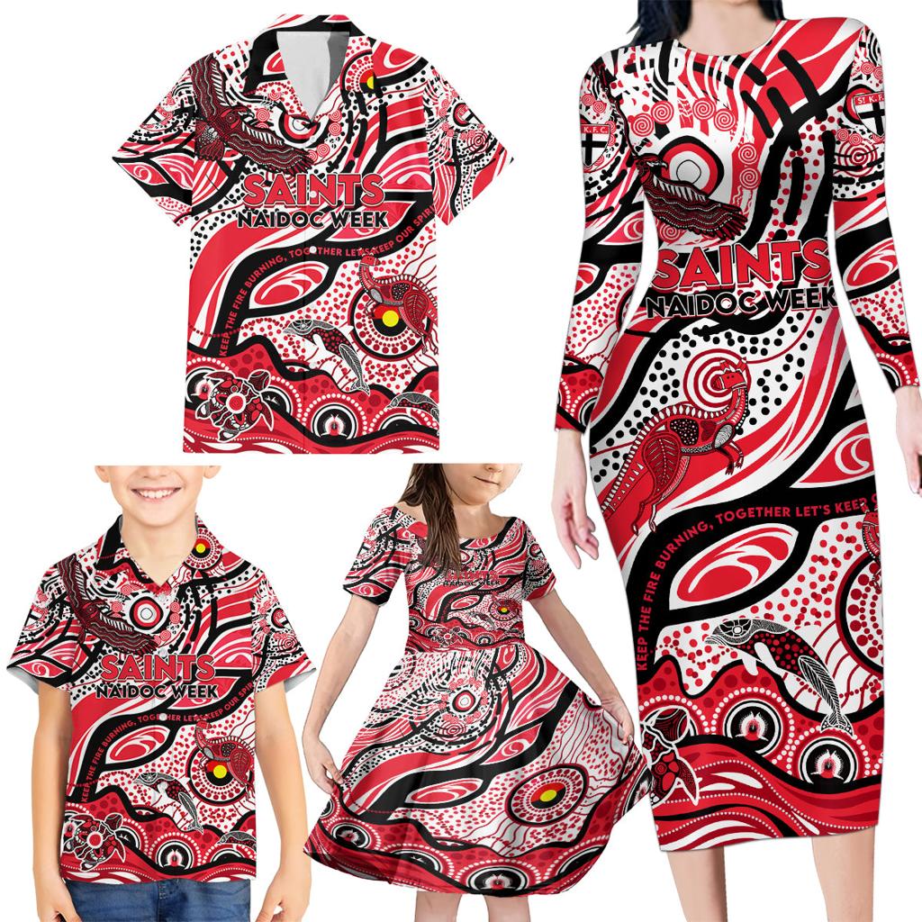 Custom NAIDOC Week 2024 Saints Family Matching Long Sleeve Bodycon Dress and Hawaiian Shirt Aboriginal Animals Keep The Fire Burning