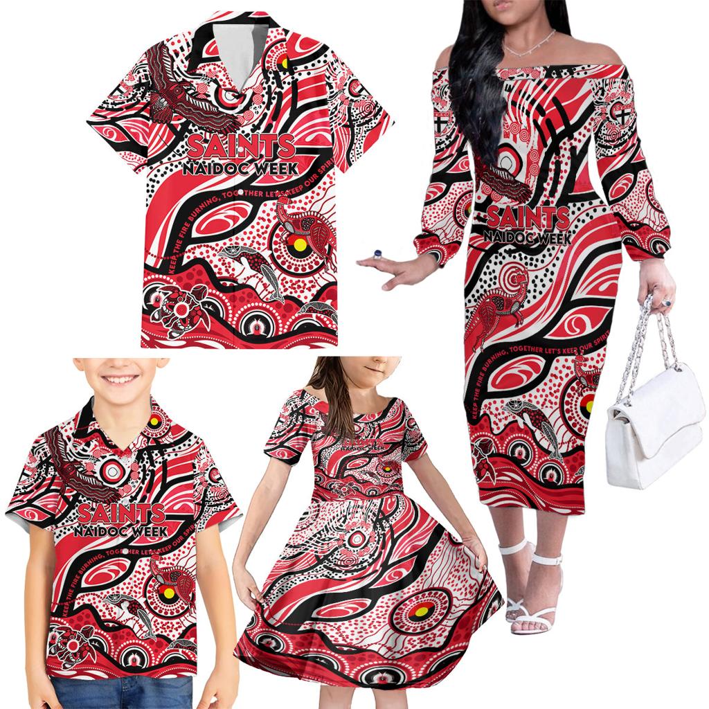 Custom NAIDOC Week 2024 Saints Family Matching Off The Shoulder Long Sleeve Dress and Hawaiian Shirt Aboriginal Animals Keep The Fire Burning