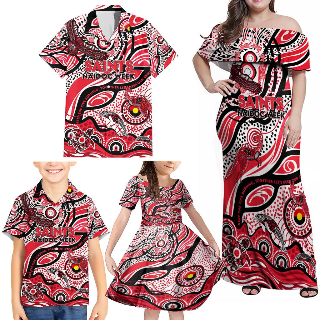 Custom NAIDOC Week 2024 Saints Family Matching Off Shoulder Maxi Dress and Hawaiian Shirt Aboriginal Animals Keep The Fire Burning