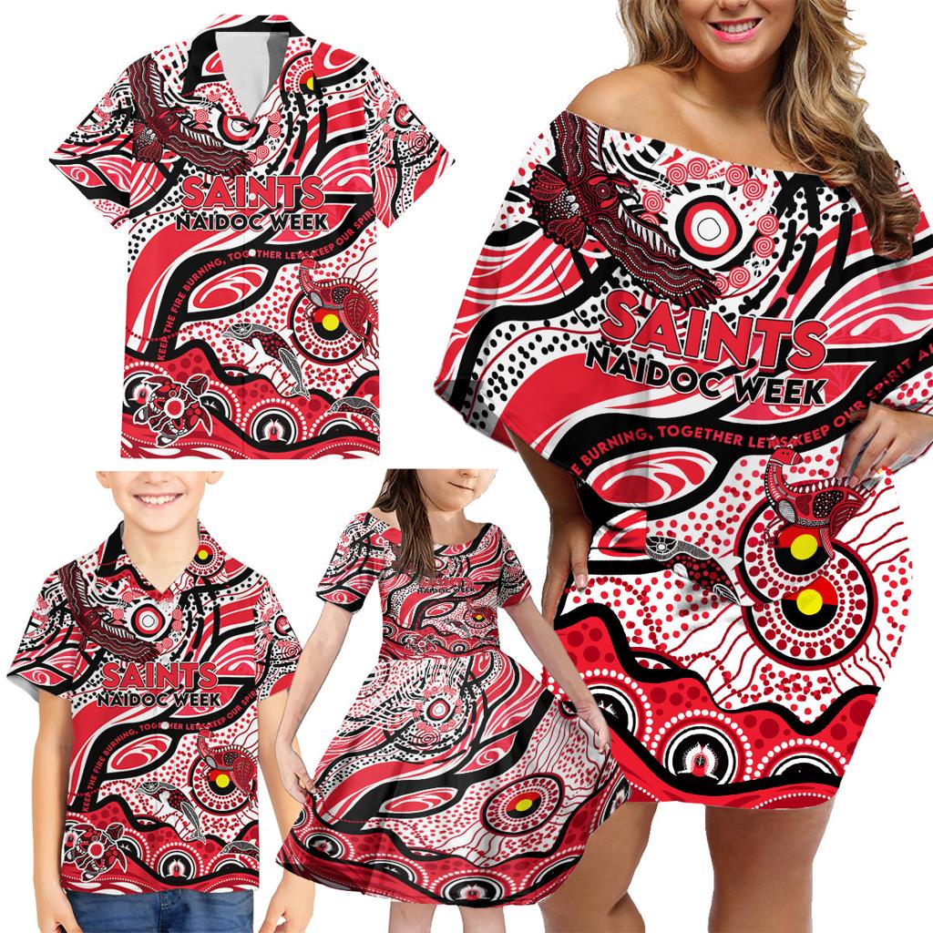 Custom NAIDOC Week 2024 Saints Family Matching Off Shoulder Short Dress and Hawaiian Shirt Aboriginal Animals Keep The Fire Burning
