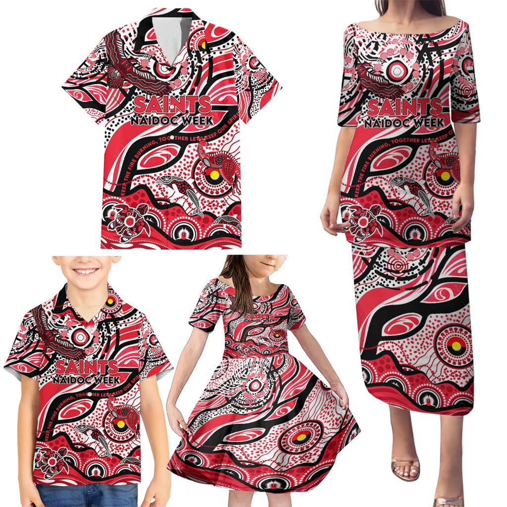 Custom NAIDOC Week 2024 Saints Family Matching Puletasi and Hawaiian Shirt Aboriginal Animals Keep The Fire Burning