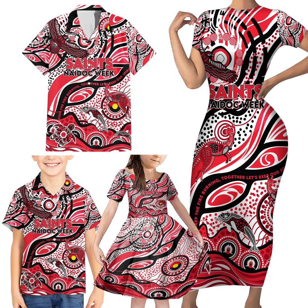 Custom NAIDOC Week 2024 Saints Family Matching Short Sleeve Bodycon Dress and Hawaiian Shirt Aboriginal Animals Keep The Fire Burning